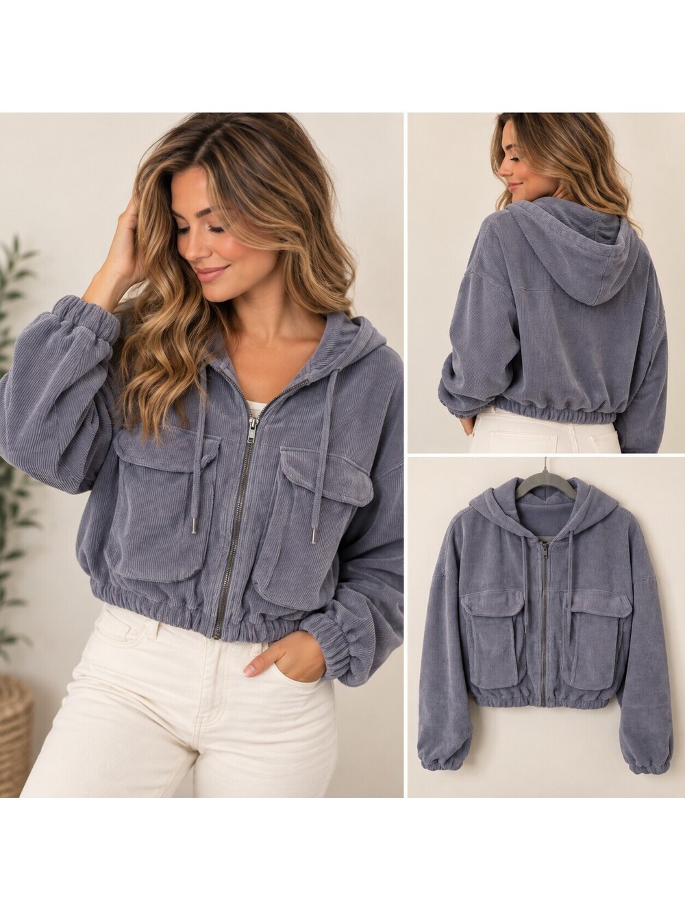Reserve Fairfax Corduroy Cropped Hooded Utility Jacket Gray Blue